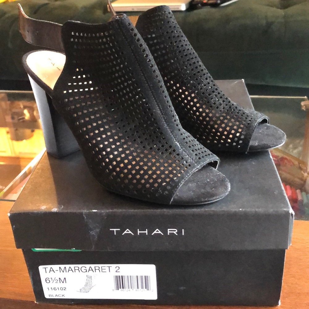Black peep toe block heel sandals